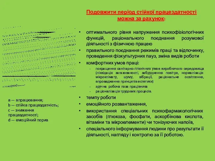 Подовжити період стійкої працездатності можна за рахунок: оптимального рівня напруження психофізіологічних