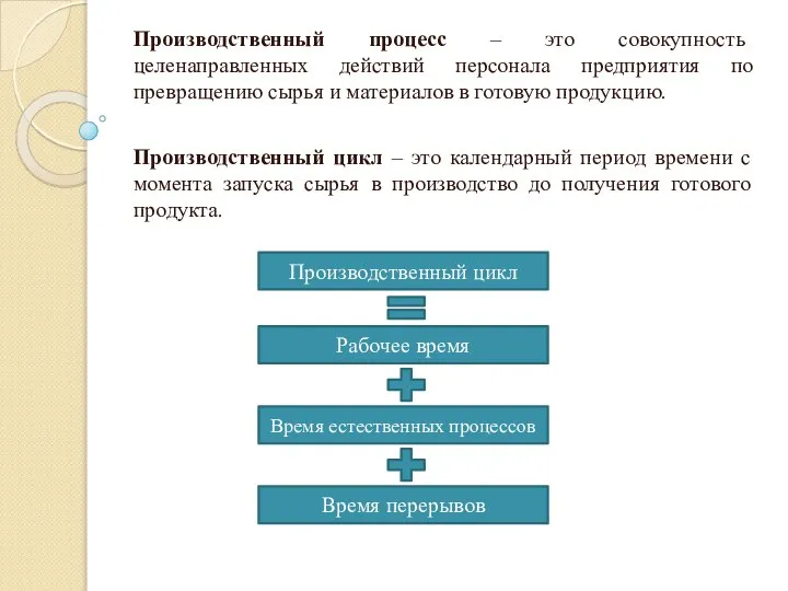 Производственный процесс – это совокупность целенаправленных действий персонала предприятия по превращению