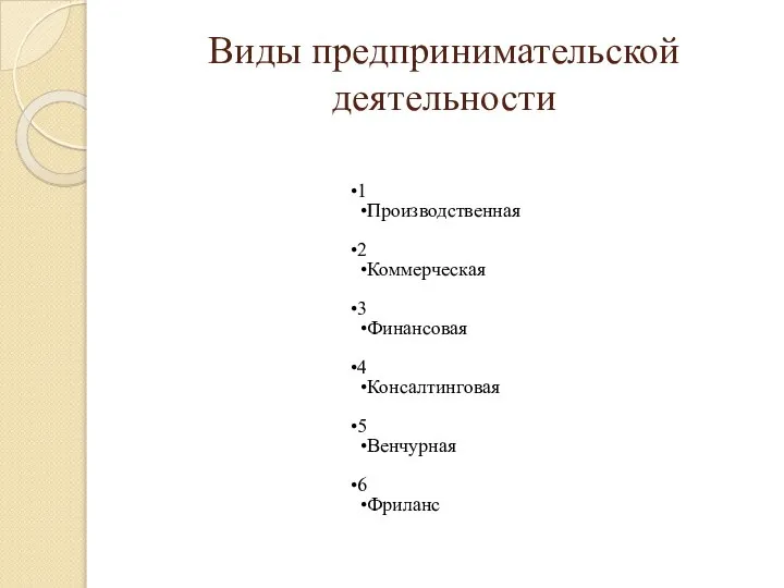 Виды предпринимательской деятельности 1 Производственная 2 Коммерческая 3 Финансовая 4 Консалтинговая 5 Венчурная 6 Фриланс