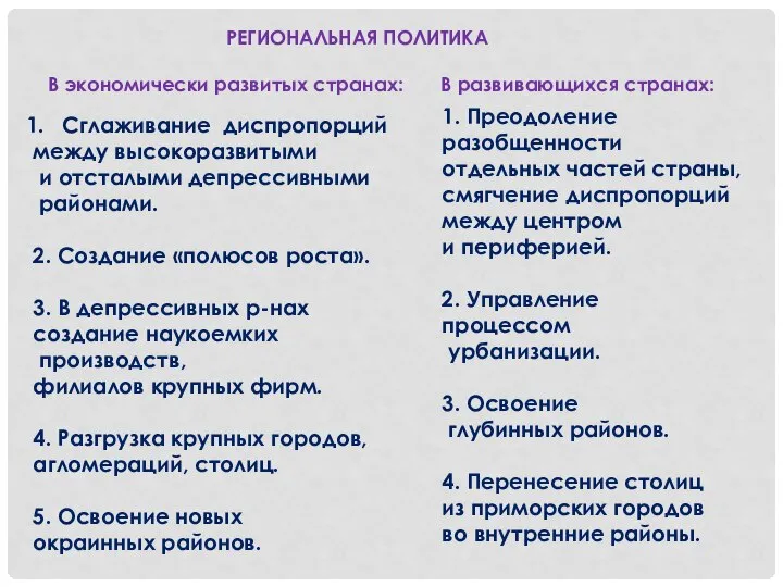 Сглаживание диспропорций между высокоразвитыми и отсталыми депрессивными районами. 2. Создание «полюсов