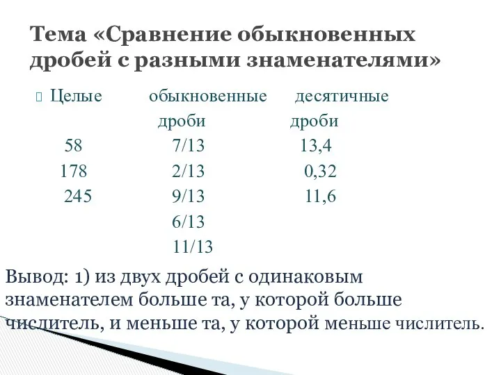 Целые обыкновенные десятичные дроби дроби 58 7/13 13,4 178 2/13 0,32