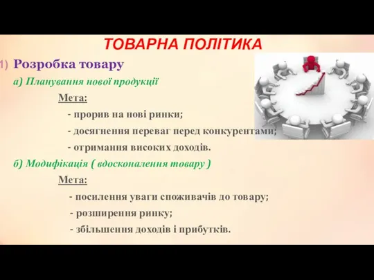 ТОВАРНА ПОЛІТИКА Розробка товару а) Планування нової продукції Мета: - прорив