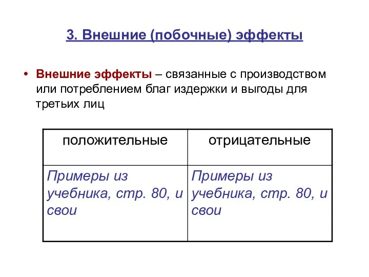 3. Внешние (побочные) эффекты Внешние эффекты – связанные с производством или