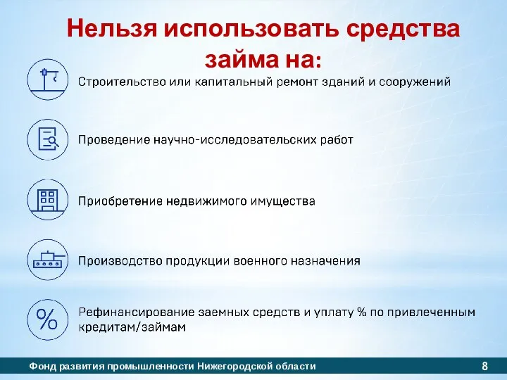 Нельзя использовать средства займа на: Фонд развития промышленности Нижегородской области