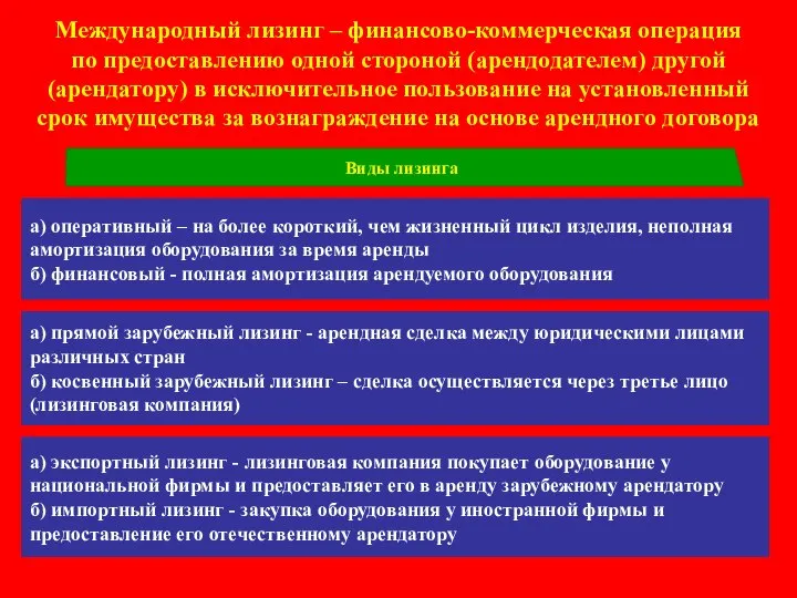 Международный лизинг – финансово-коммерческая операция по предоставлению одной стороной (арендодателем) другой