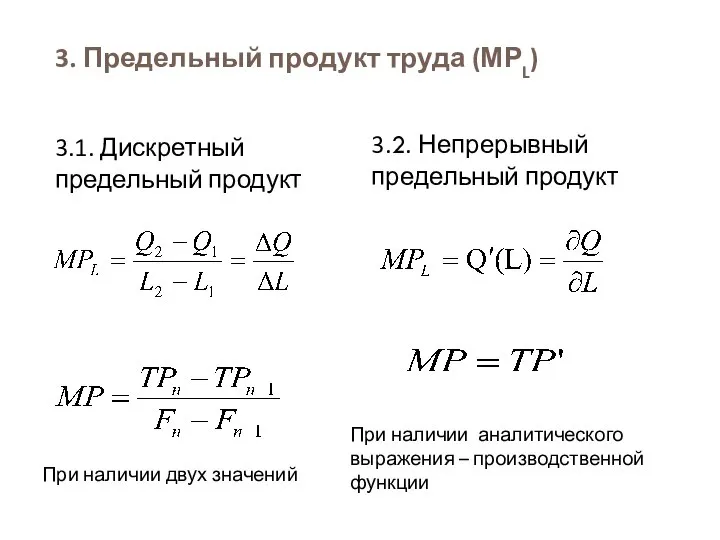 3. Предельный продукт труда (МРL) 3.1. Дискретный предельный продукт 3.2. Непрерывный