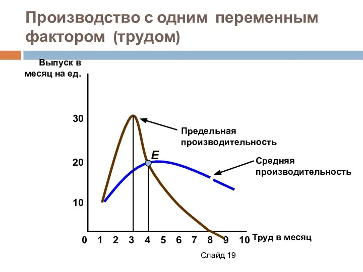 Слайд Производство с одним переменным фактором (трудом) 8 10 20 Выпуск