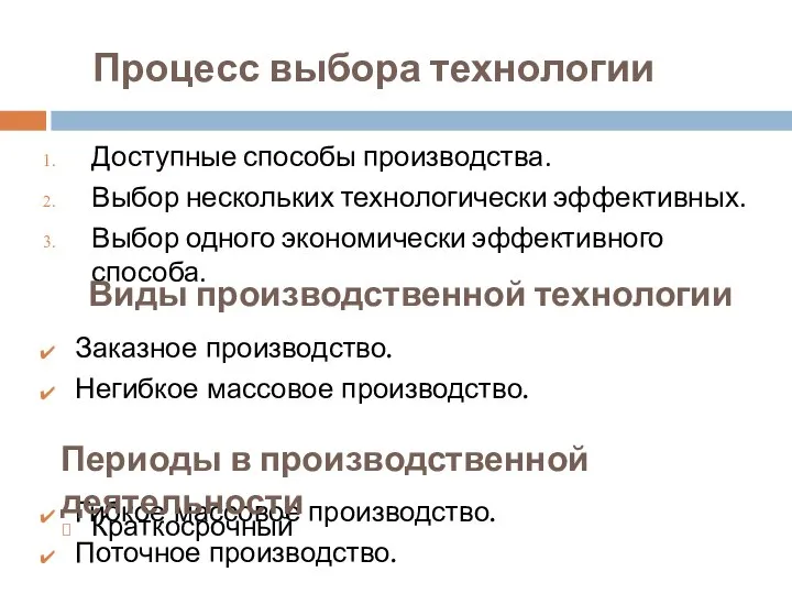 Процесс выбора технологии Доступные способы производства. Выбор нескольких технологически эффективных. Выбор