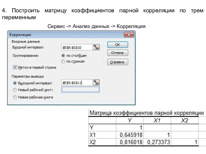 4. Построить матрицу коэффициентов парной корреляции по трем переменным Сервис -> Анализ данных -> Корреляция
