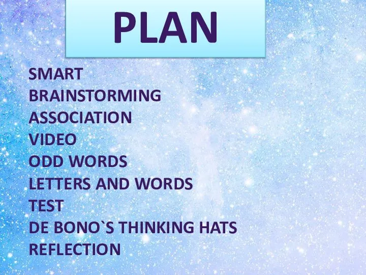 SMART BRAINSTORMING ASSOCIATION VIDEO ODD WORDS LETTERS AND WORDS TEST DE BONO`S THINKING HATS REFLECTION PLAN