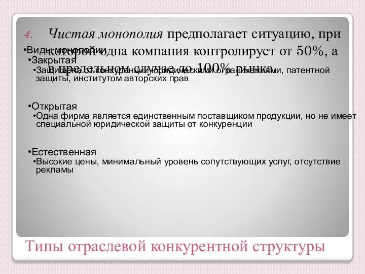 Типы отраслевой конкурентной структуры Чистая монополия предполагает ситуацию, при которой одна