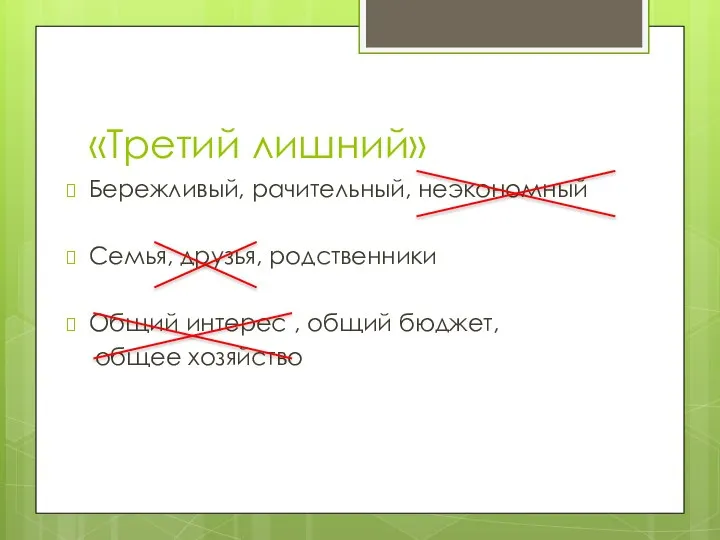 «Третий лишний» Бережливый, рачительный, неэкономный Семья, друзья, родственники Общий интерес , общий бюджет, общее хозяйство