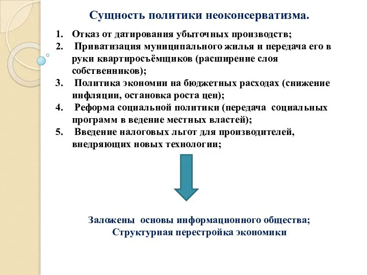 Сущность политики неоконсерватизма. Отказ от датирования убыточных производств; Приватизация муниципального жилья