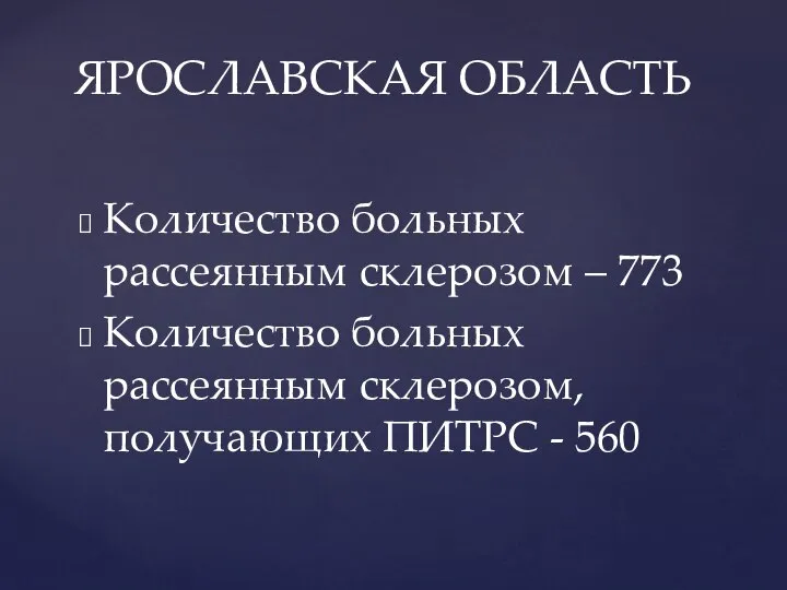 ЯРОСЛАВСКАЯ ОБЛАСТЬ Количество больных рассеянным склерозом – 773 Количество больных рассеянным склерозом, получающих ПИТРС - 560