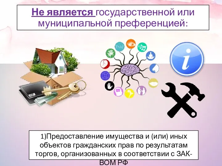 Не является государственной или муниципальной преференцией: 1)Предоставление имущества и (или) иных