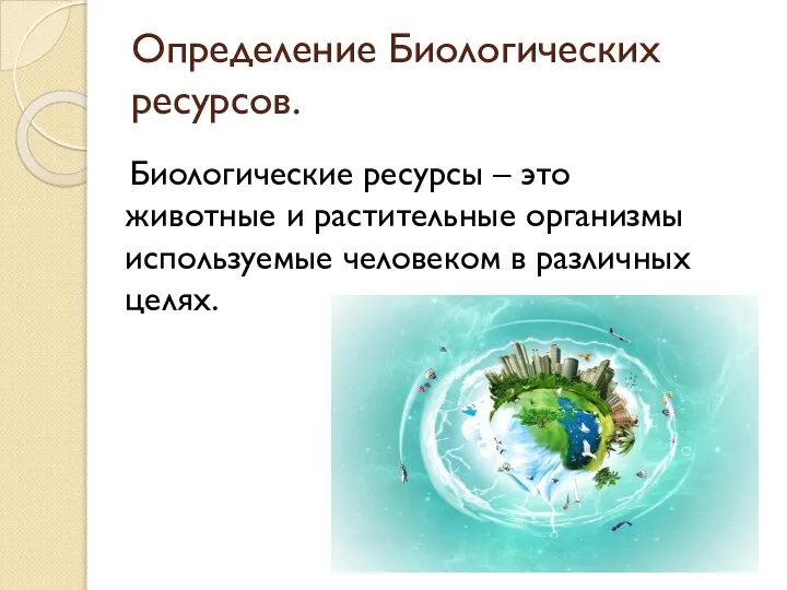 Определение Биологических ресурсов. Биологические ресурсы – это животные и растительные организмы используемые человеком в различных целях.