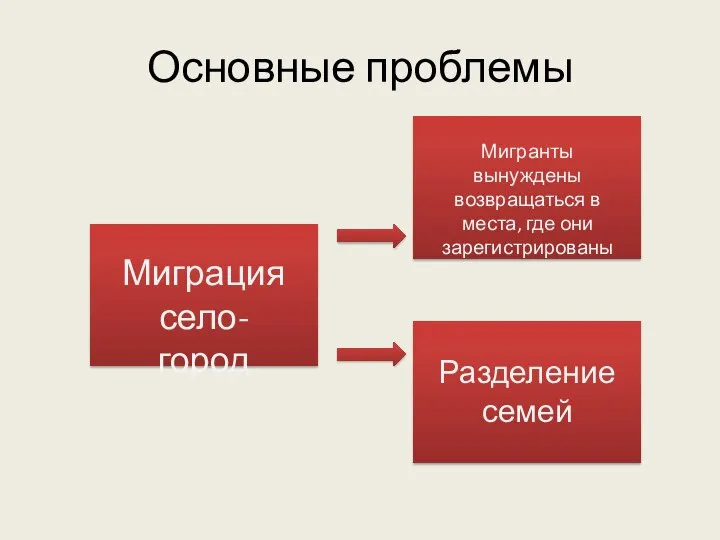 Основные проблемы Миграция село-город Мигранты вынуждены возвращаться в места, где они зарегистрированы Разделение семей