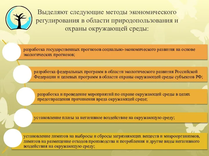 Выделяют следующие методы экономического регулирования в области природопользования и охраны окружающей среды: