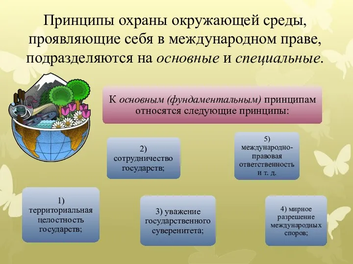 Принципы охраны окружающей среды, проявляющие себя в международном праве, подразделяются на основные и специальные.