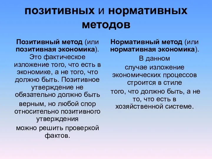 позитивных и нормативных методов Позитивный метод (или позитивная экономика). Это фактическое