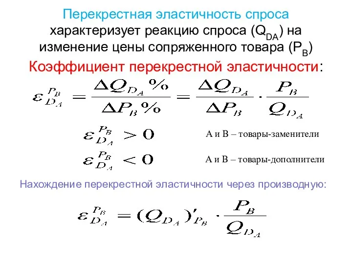 Перекрестная эластичность спроса характеризует реакцию спроса (QDA) на изменение цены сопряженного