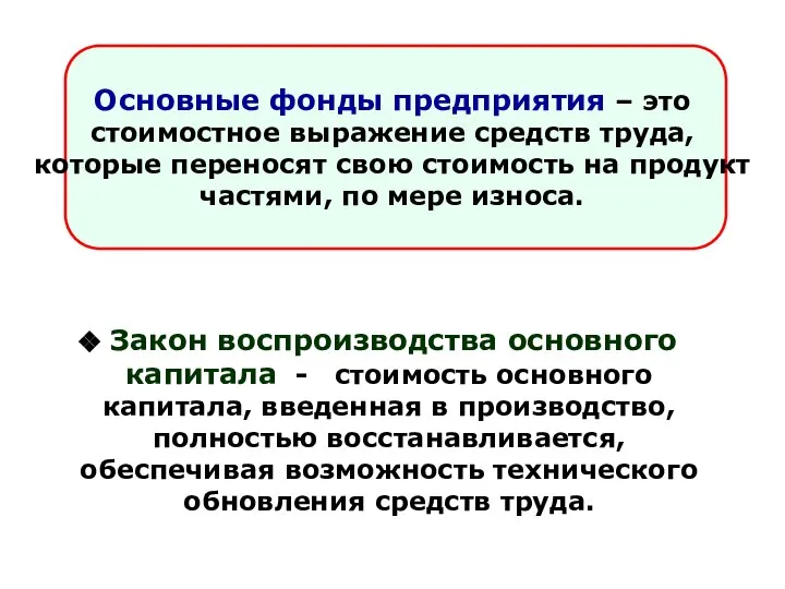 Закон воспроизводства основного капитала - стоимость основного капитала, введенная в производство,