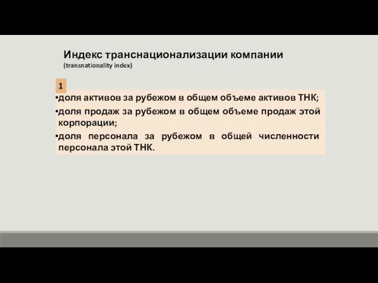 Индекс транснационализации компании (transnationality index) доля активов за рубежом в общем