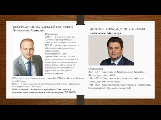 БЕСПРОЗВАННЫХ АЛЕКСЕЙ СЕРГЕЕВИЧ Заместитель Министра Образование 2002 г. — с отличием