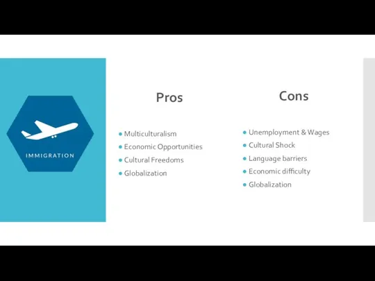 Pros Multiculturalism Economic Opportunities Cultural Freedoms Globalization Cons Unemployment & Wages