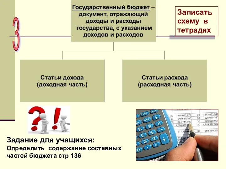 Записать схему в тетрадях Задание для учащихся: Определить содержание составных частей бюджета стр 136