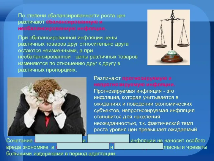 По степени сбалансированности роста цен различают сбалансированную и несбалансированную инфляции. При