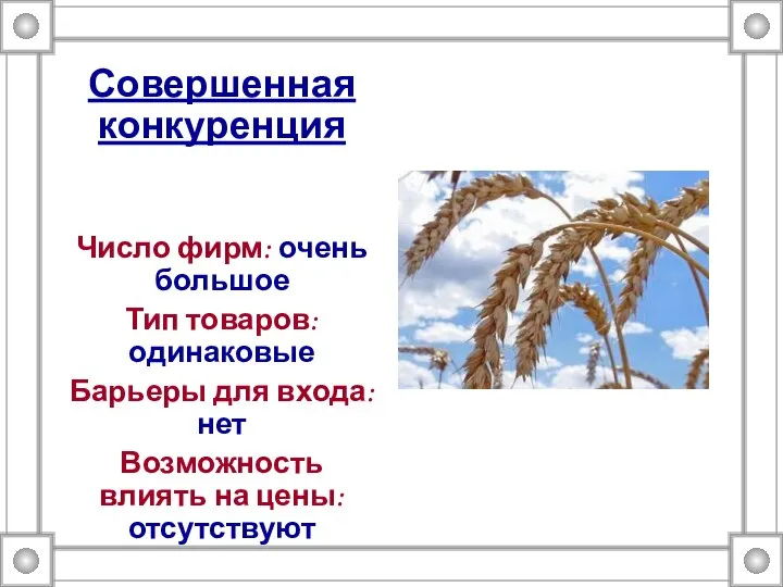 Совершенная конкуренция Число фирм: очень большое Тип товаров: одинаковые Барьеры для