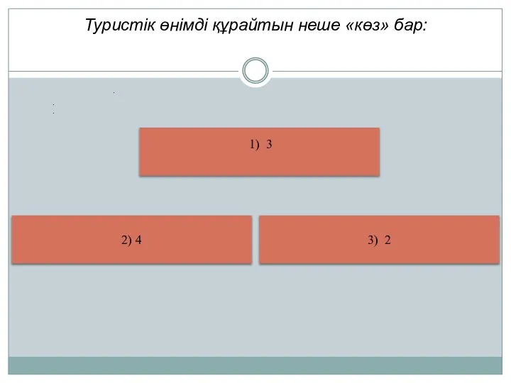 Туристік өнімді құрайтын неше «көз» бар: 1) 3 3) 2 2) 4 . . .