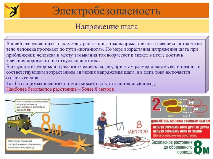 В наиболее удаленных точках зоны растекания тока напряжение шага невелико, а