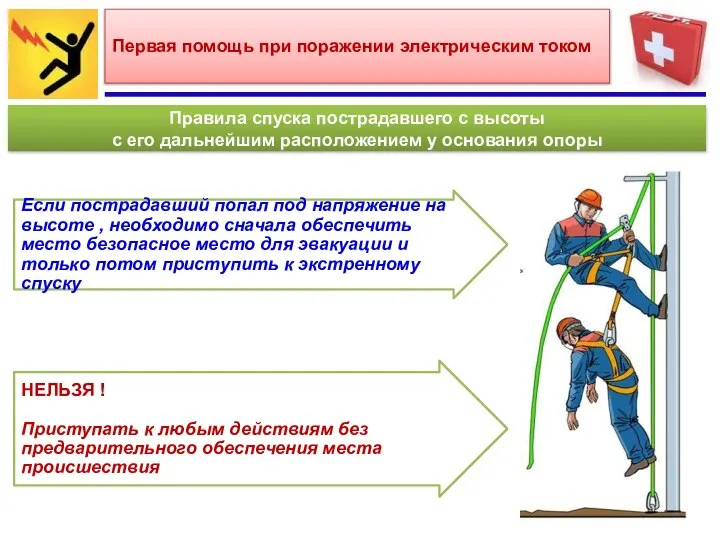 Первая помощь при поражении электрическим током Правила спуска пострадавшего с высоты