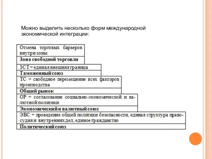 Можно выделить несколько форм международной экономической интеграции: