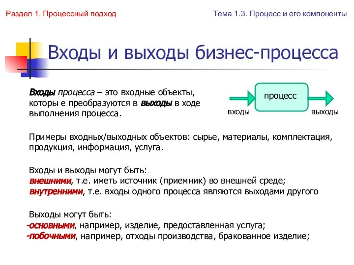 Входы и выходы бизнес-процесса Входы процесса – это входные объекты, которы