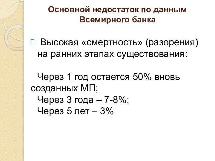 Основной недостаток по данным Всемирного банка Высокая «смертность» (разорения) на ранних