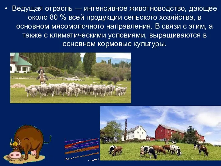 Ведущая отрасль — интенсивное животноводство, дающее около 80 % всей продукции