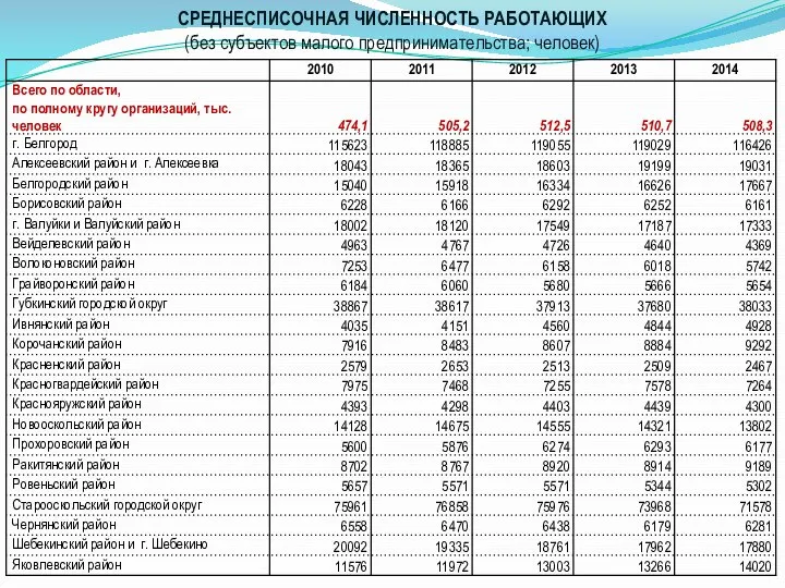 СРЕДНЕСПИСОЧНАЯ ЧИСЛЕННОСТЬ РАБОТАЮЩИХ (без субъектов малого предпринимательства; человек)