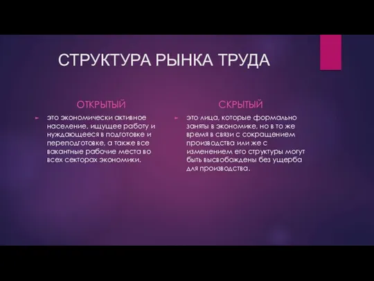 СТРУКТУРА РЫНКА ТРУДА ОТКРЫТЫЙ это экономически активное население, ищущее работу и