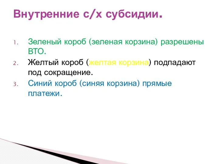 Зеленый короб (зеленая корзина) разрешены ВТО. Желтый короб (желтая корзина) подпадают