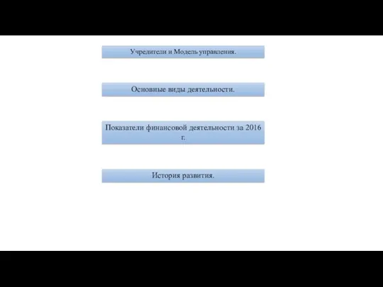 Учредители и Модель управления. Основные виды деятельности. Показатели финансовой деятельности за 2016 г. История развития.