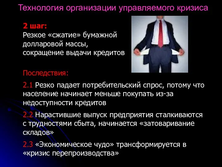 Технология организации управляемого кризиса 2 шаг: Резкое «сжатие» бумажной долларовой массы,