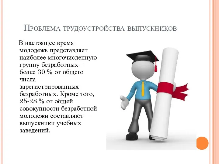 Проблема трудоустройства выпускников В настоящее время молодежь представляет наиболее многочисленную группу