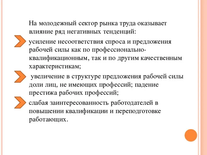 На молодежный сектор рынка труда оказывает влияние ряд негативных тенденций: усиление