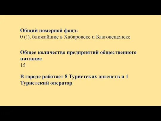 Общий номерной фонд: 0 (!), ближайшие в Хабаровске и Благовещенске Общее