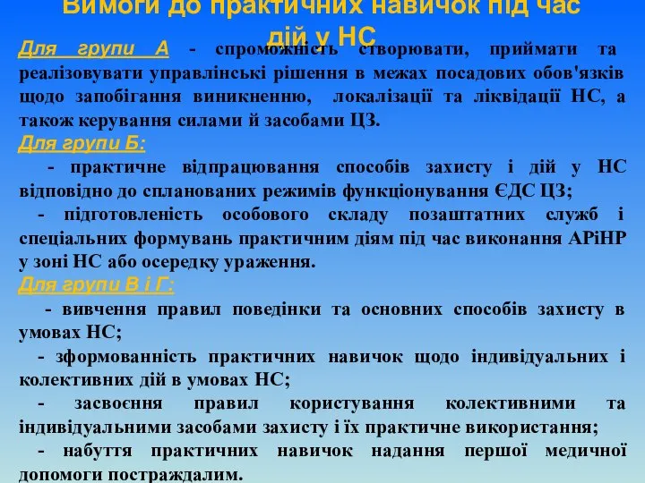 Вимоги до практичних навичок під час дій у НС Для групи