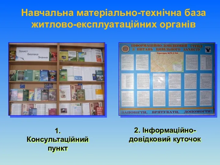 Навчальна матеріально-технічна база житлово-експлуатаційних органів 2. Інформаційно-довідковий куточок 1. Консультаційний пункт