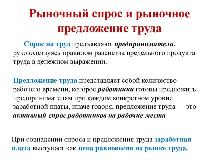 Рыночный спрос и рыночное предложение труда Спрос на труд предъявляют предприниматели,